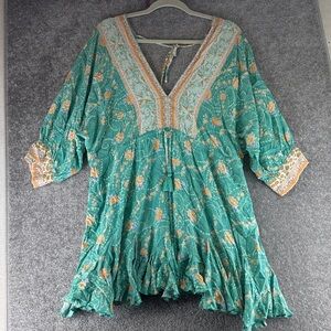 Aakaa 1/2 Long Sleeve Floral Blouse Tunic Green Blue Womens M Boho Hippie V Neck